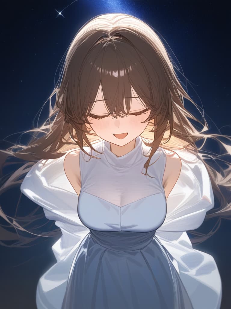  a girl who is laughing at me, bright brown hair, long hair, transparent fleeting, facing here, laughing, under the starry sky, facing here, i am looking at me, wearing a white cardigan over the black sleeveless dress, above the chest, masterpiece, best quality,8k,ultra detailed,high resolution,an extremely delicate and beautiful,hyper detail