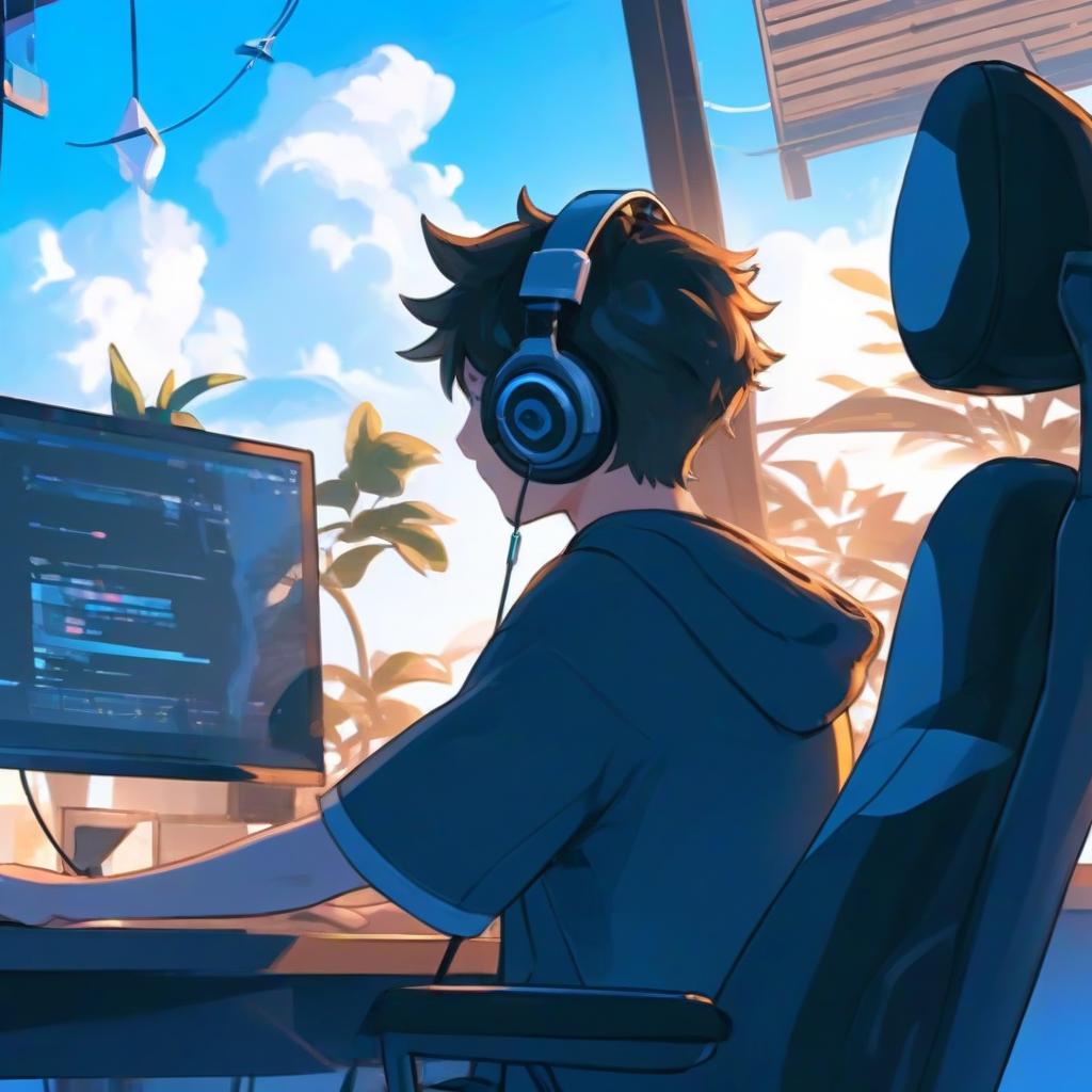  a person sitting in front of a computer with headphones on, pixiv contest winner, digital art, 4k vertical wallpaper, discord profile picture, breezy background, hero 2 d fanart artsation