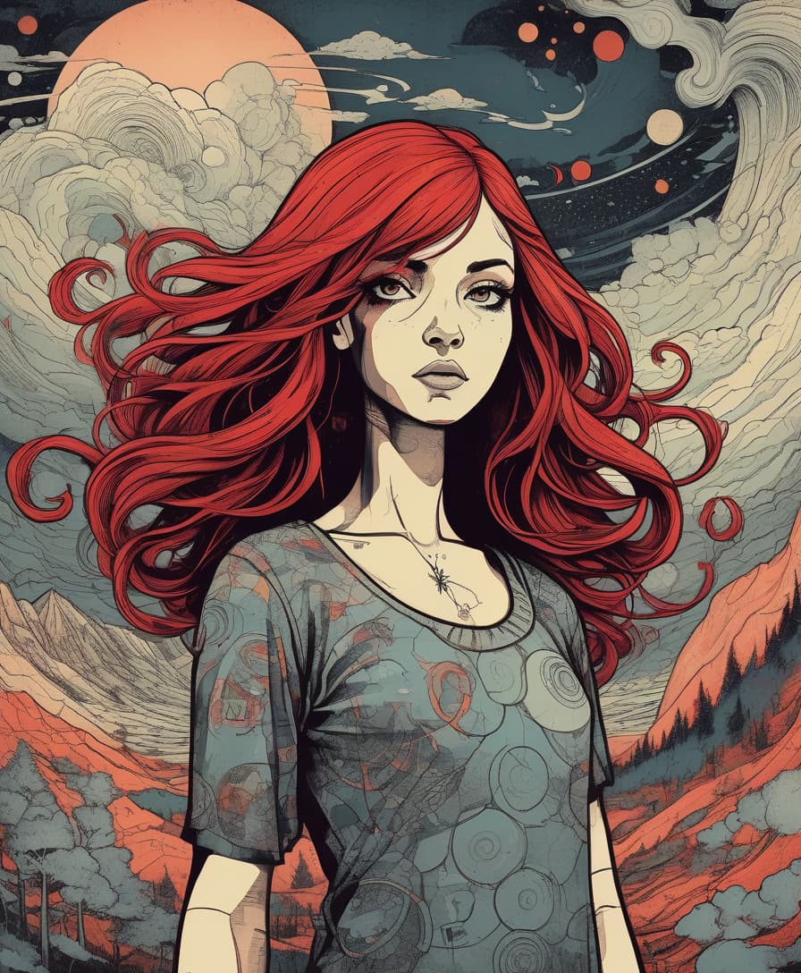  grunge style light, centered, colorful, modern illustration of a girl with wild swirling black red hair full of landscapes. portrait, fibonacci sequence, tessellation, art nouveau, heavy outline comic book . textured, distressed, vintage, edgy, punk rock vibe, dirty, noisy