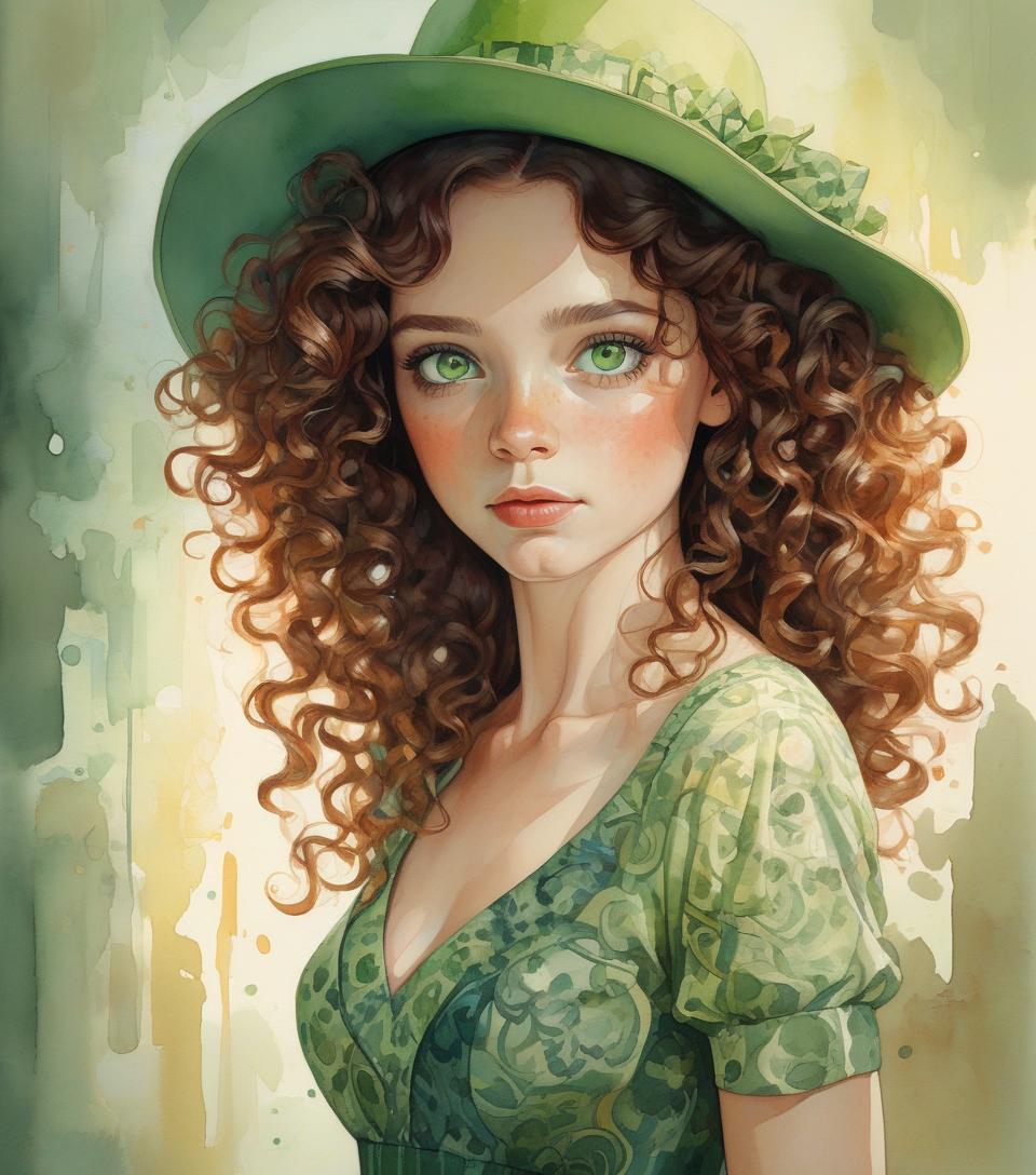  highly detailed, curly brown hair, green eyes, hat, printed dress, vivid colors, watercolor portrait, dramatic light, realistic, by alyssa monks, afarin sajedi, brian kesinger, thomas kinkade, pascal campion, craola.