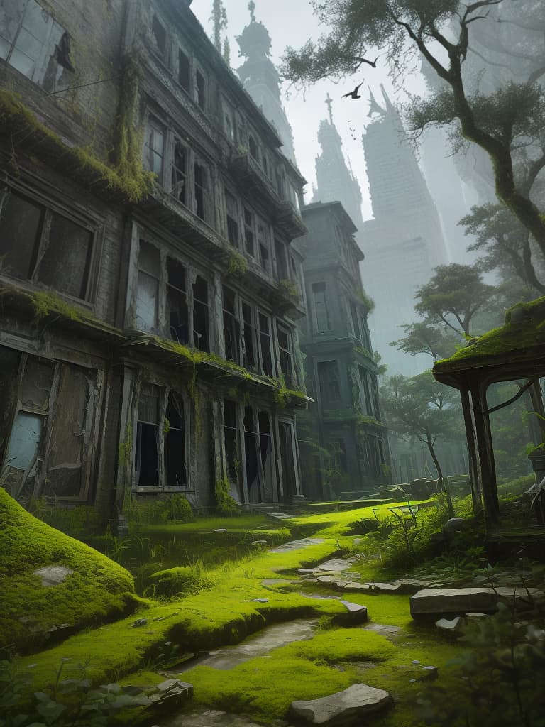  a lot of decayed buildings, large amounts of moss and nature, masterpiece, best quality,8k,ultra detailed,high resolution,an extremely delicate and beautiful,hyper detail