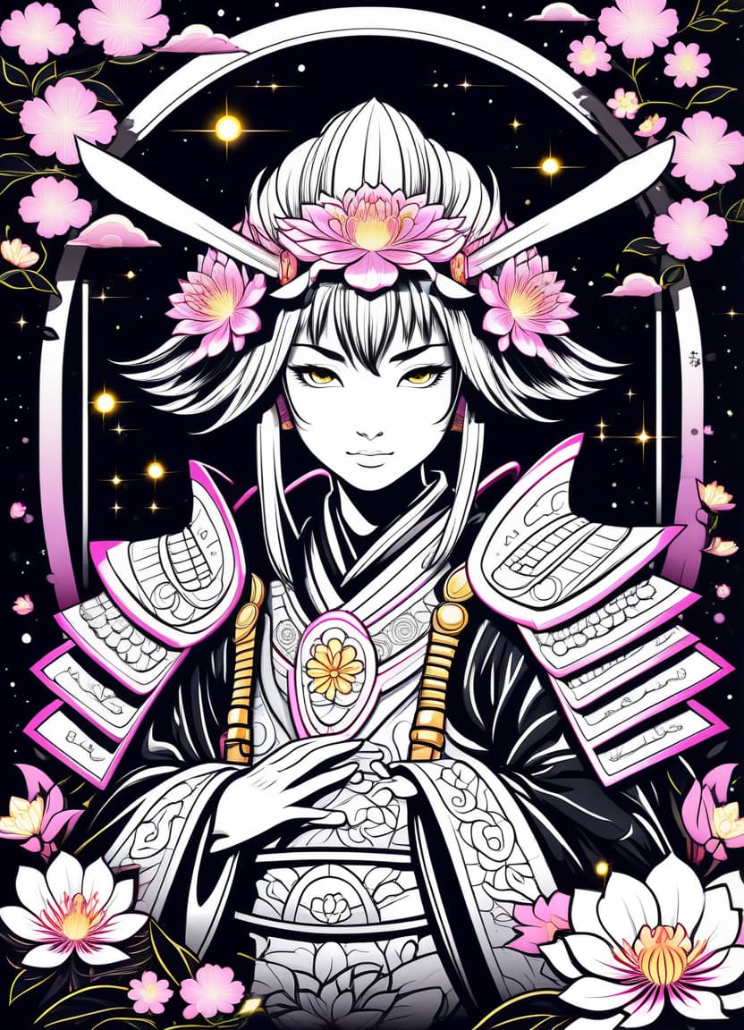  a humorous illustration. bright colors, cartoon style. on the black background, shiny contours outlines of silhouette of a japanese samurai girl in samurai armor, made of japanese sacura flower, (white color japanese sacura flower:1.4), frame with intricate thin ornamentation from comet, stars and cosmic dust: (thin: 1,4) lines ,