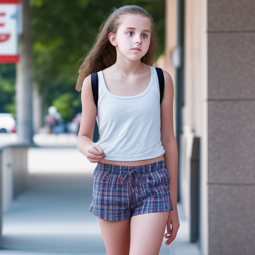  Adolescent girl wearing only shorts walking in public