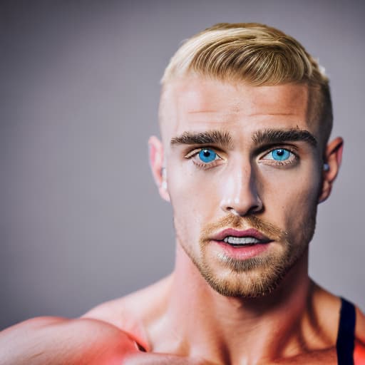 portrait+ style British LGBT queer fitness trainer blonde hunk dude face