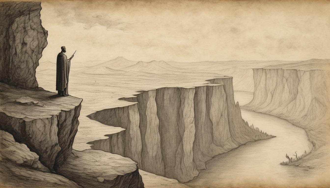  on parchment, surrealism++, a lone figure standing at the edge of a towering cliff, gazing out over a vast, profound landscape, symbolizing readiness and courage(mysterious, provocative, symbolic)++