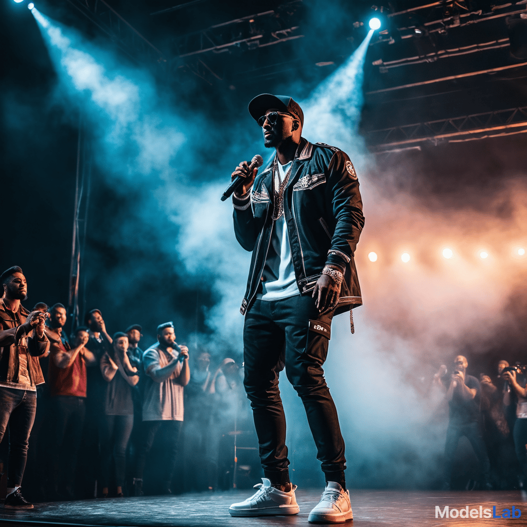  a rapper having stage concert with too crowd and amazing lightning hyperrealistic, full body, detailed clothing, highly detailed, cinematic lighting, stunningly beautiful, intricate, sharp focus, f/1. 8, 85mm, (centered image composition), (professionally color graded), ((bright soft diffused light)), volumetric fog, trending on instagram, trending on tumblr, HDR 4K, 8K