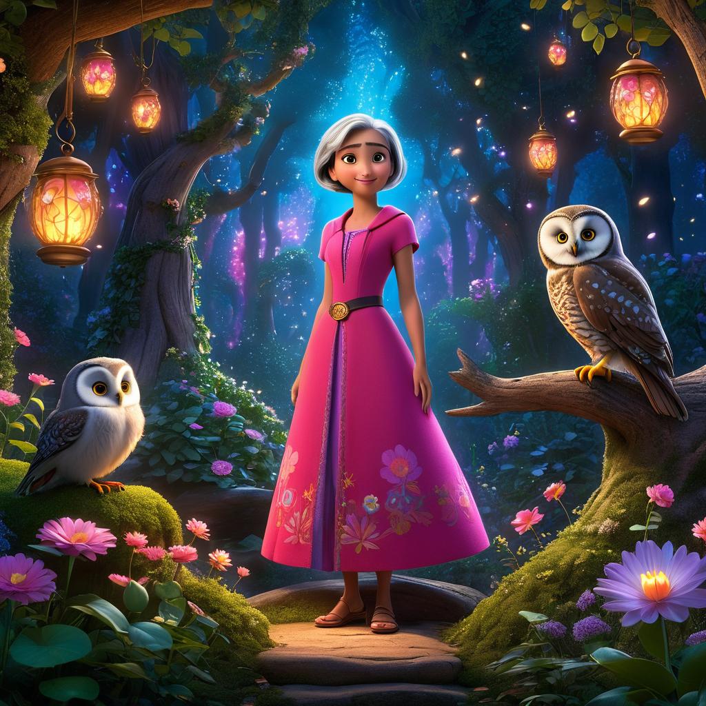  in 3d animated movie style. disney pixar style. masooma, a old with short gray hair and a bright pink dress, is joined by gitra, an ancient owl. they stand in an enchanted forest filled with glowing symbols, colorful flowers, and fireflies. high resolution pixar 3d animated film style highlights intricate character details and lush forest settings. warm, glowing light envelops the scene, creating a magical ambiance. the bird's eye view composition emphasizes their magical journey theme.