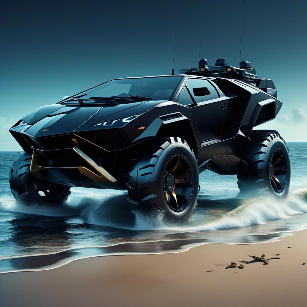  nautical themed retro futuristic, black, brutal suv, externally reminiscent of the lamborghini countach. . sea, ocean, ships, maritime, beach, marine life, highly detailed