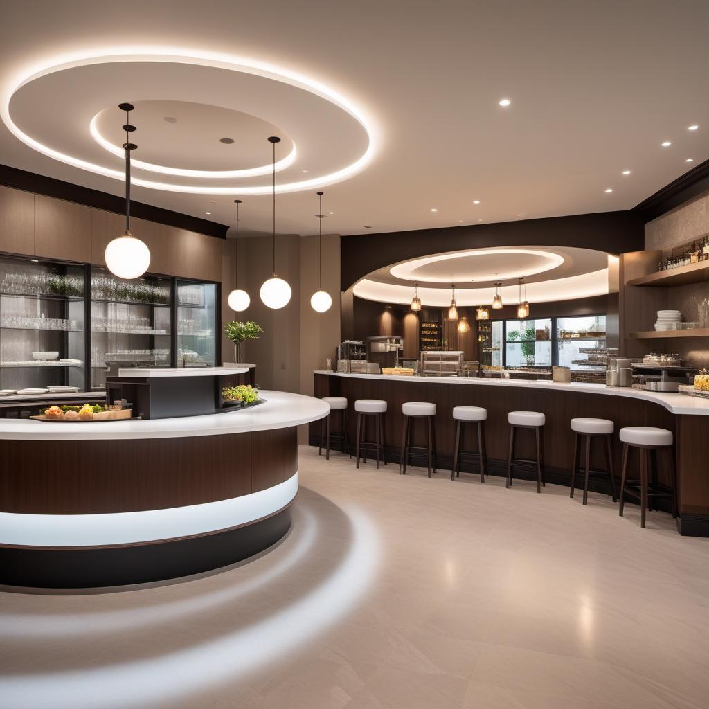  A restaurant kitchen design featuring a countertop with a circular shape and mocha wainscoting. The countertop surface is made of white quartz. The design includes a circular soffit above the countertop, consisting of three layers with recessed lighting. The overall ambiance should be sleek, modern, and functional. hyperrealistic, full body, detailed clothing, highly detailed, cinematic lighting, stunningly beautiful, intricate, sharp focus, f/1. 8, 85mm, (centered image composition), (professionally color graded), ((bright soft diffused light)), volumetric fog, trending on instagram, trending on tumblr, HDR 4K, 8K