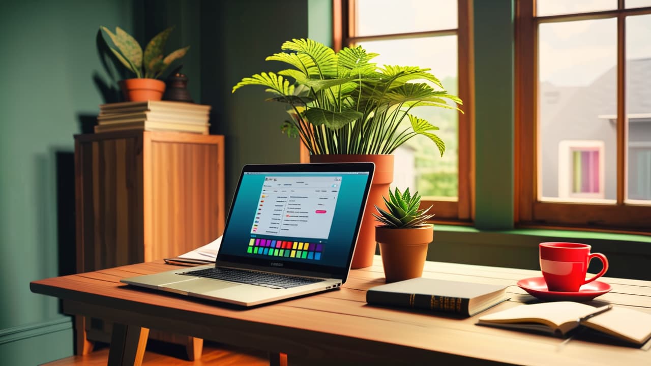  a serene workspace featuring a desk with a laptop, a calculator, colorful charts, and a potted plant, symbolizing budgeting, saving, and investing, with soft natural light filtering through a window. hyperrealistic, full body, detailed clothing, highly detailed, cinematic lighting, stunningly beautiful, intricate, sharp focus, f/1. 8, 85mm, (centered image composition), (professionally color graded), ((bright soft diffused light)), volumetric fog, trending on instagram, trending on tumblr, HDR 4K, 8K