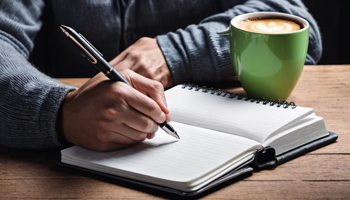  （surrealism)a close up of a hand holding a pen, writing in a notebook, background elements including coffee cup, smartphone, neat and tidy desk, sense of routine, controlled environment mystic, intricate details, best quality)