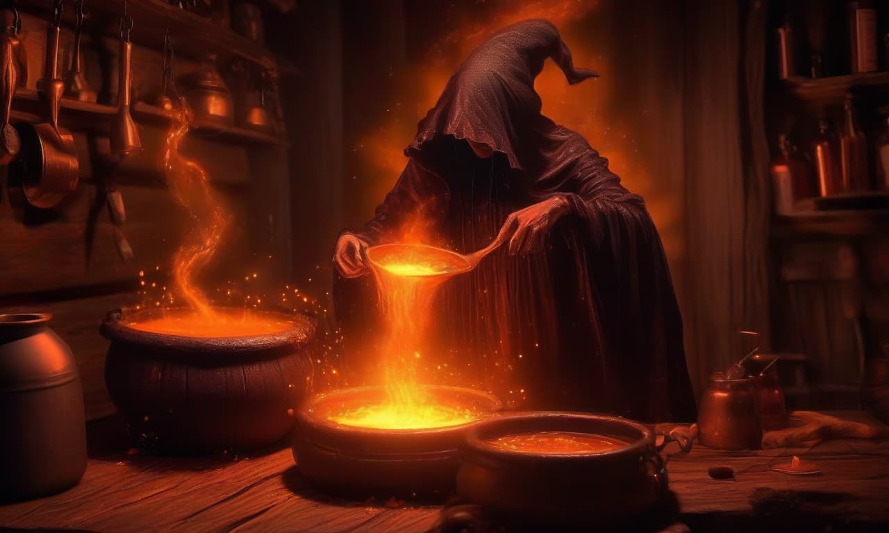  horror themed a witch is brewing a potion. orange sparks fly out of the cauldron. wooden walls in the background. . eerie, unsettling, dark, spooky, suspenseful, grim, highly detailed