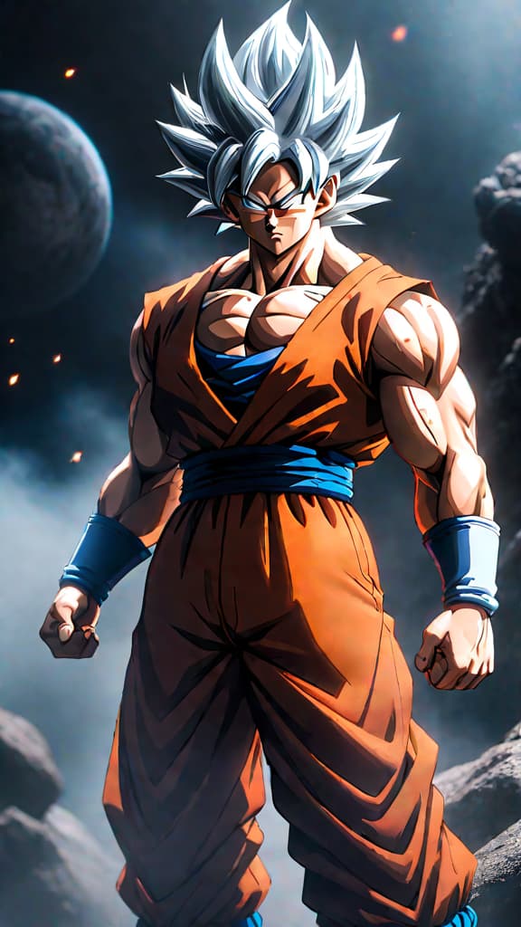  goku from dragon ball battered and bruised, facing jiren with shimmering silver ultra instinct aura, anime art hyperrealistic, full body, detailed clothing, highly detailed, cinematic lighting, stunningly beautiful, intricate, sharp focus, f/1. 8, 85mm, (centered image composition), (professionally color graded), ((bright soft diffused light)), volumetric fog, trending on instagram, trending on tumblr, HDR 4K, 8K