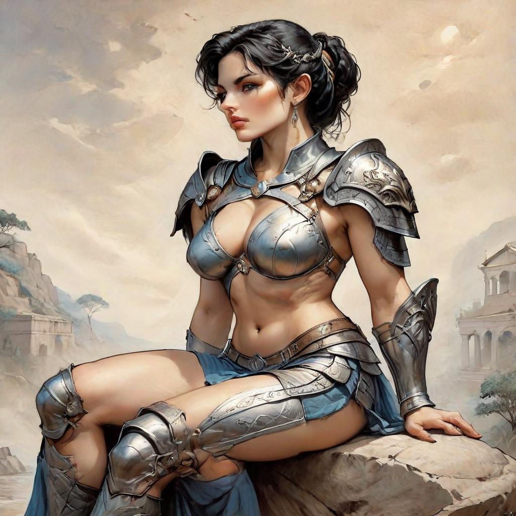  hyperrealistic art picture, professional, hyperrealistic drawing in the style of boris vallejo, julia bell, masterpiece, work of art; sitting on a stone ancient greek amazon in armor, muscular abdominal press, gracefully curved back, convex, elastic buttocks, muscular shins. mysticism, fantasy, atmospheric, filigree, ideal detailing of the image, the highest quality, many details, fine drawing, attention to detail. professional drawing in the style of boris vallejo, julia bell, masterpiece, work of art . extremely high resolution details, photographic, realism pushed to extreme, fine texture, incredibly lifelike, on parchment, oil painting