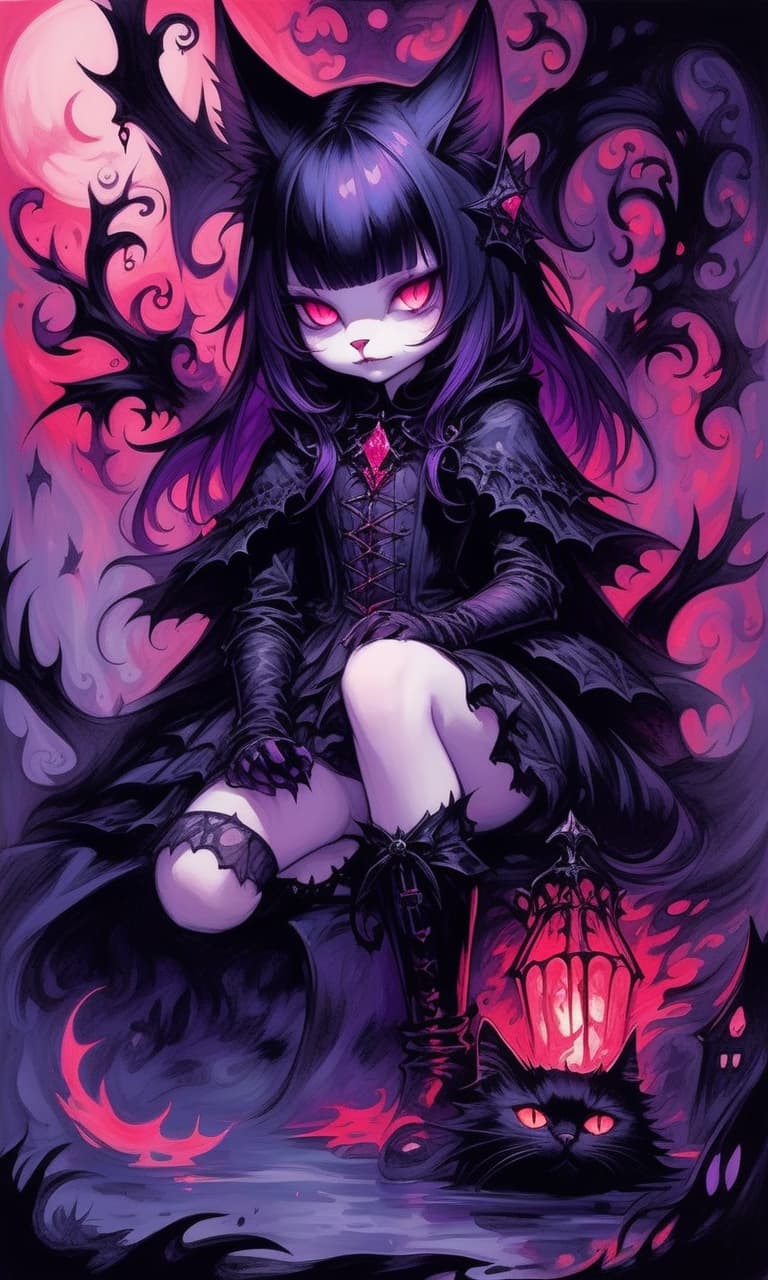  impressionist painting dark fantasy, neko chan drawn in ink, gothic style, . loose brushwork, vibrant color, light and shadow play, captures feeling over form