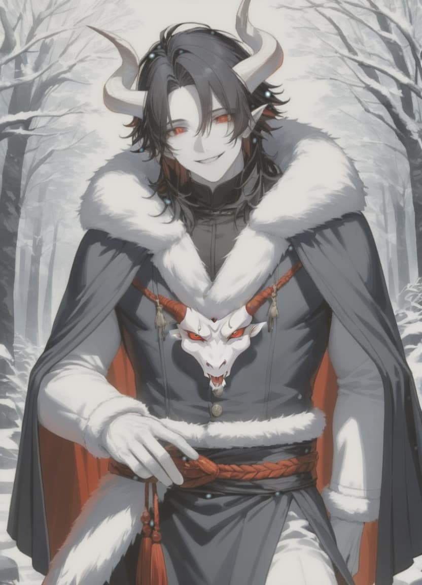  anime artwork man demon, white skin, red eyes, black hair, white horns, black clothes . anime style, key visual, vibrant, studio anime, highly detailed