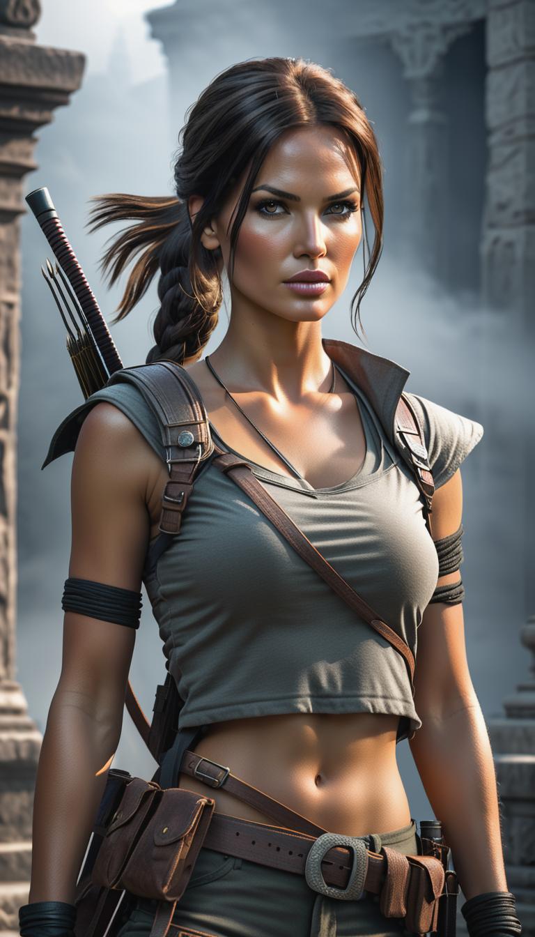  gothic style depiction of lara croft in tomb. simple, powerful, black or grey lines on a light, solid color rectangle background. . dark, mysterious, haunting, dramatic, ornate, detailed, hyperrealistic, full body, detailed clothing, highly detailed, cinematic lighting, stunningly beautiful, intricate, sharp focus, f/1. 8, 85mm, (centered image composition), (professionally color graded), ((bright soft diffused light)), volumetric fog, trending on instagram, trending on tumblr, HDR 4K, 8K