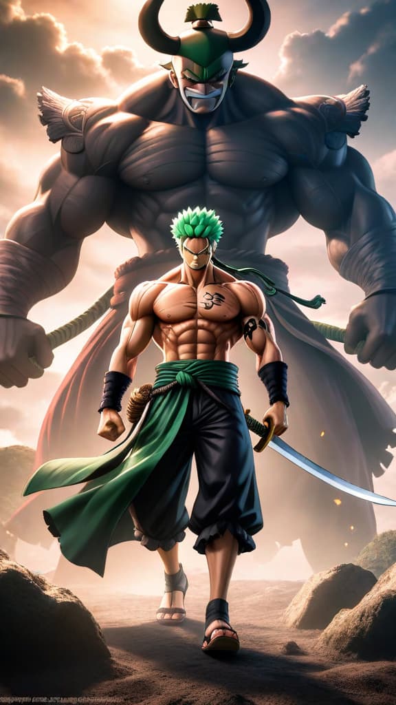  in an intense battle, roronoa zoro (one piece) in asura form, three heads, six arms, facing yonko kaido hyperrealistic, full body, detailed clothing, highly detailed, cinematic lighting, stunningly beautiful, intricate, sharp focus, f/1. 8, 85mm, (centered image composition), (professionally color graded), ((bright soft diffused light)), volumetric fog, trending on instagram, trending on tumblr, HDR 4K, 8K