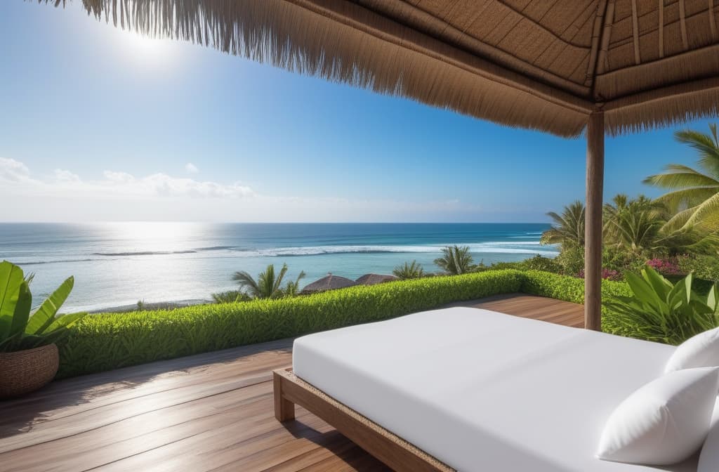  Sea view from the bungalow, thatched roof, mats on the floor, Bali atmosphere, white sheets, rough sea, sunshine, cloudless sky ar 3:2 high quality, detailed intricate insanely detailed, flattering light, RAW photo, photography, photorealistic, ultra detailed, depth of field, 8k resolution , detailed background, f1.4, sharpened focus