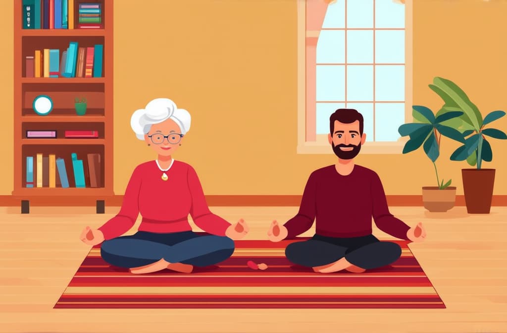  cute old lady and man sitting on the rug and meditating. style flat illustration ar 3:2 {prompt}, maximum details