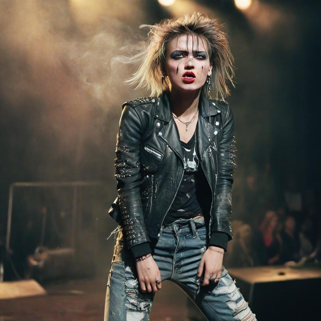  cinematic photo a beautiful punk rock girl on stage, dressed in a ripped leather jacket with studs, torn jeans and high top sneakers with bright laces. her face is narrow and pale, with sharp features and pronounced cheekbones, reflecting her inner strength and determination. her eyes are boldly outlined with black eyeliner, and deep dark eyeshadow adds drama. her lips are covered in rich dark lipstick, with a slightly smudged outline that adds a touch of casualness. her hair is brightly colored, tousled and styled in a chaotic but purposeful mess. she stands on stage, expressing rebellion and passion. smoke swirls around her, and the lighting creates dramatic shadows, emphasizing her energetic and daring presence. nothing superfluous. dete