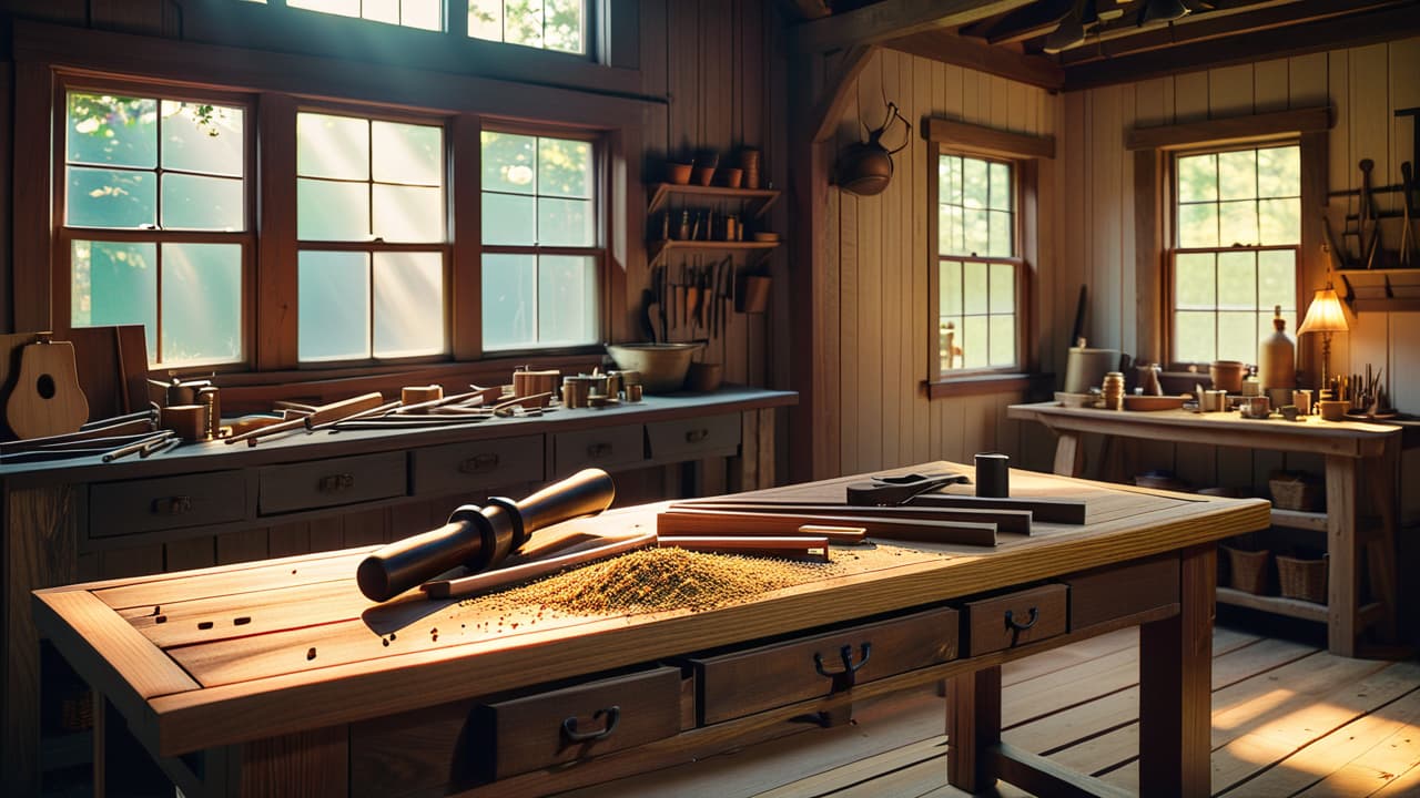  an intricate wooden workshop filled with hand tools, showcasing various joinery techniques like dovetails and mortise and tenon joints. sunlight filters through dusty windows, illuminating shavings scattered across the rustic workbench. hyperrealistic, full body, detailed clothing, highly detailed, cinematic lighting, stunningly beautiful, intricate, sharp focus, f/1. 8, 85mm, (centered image composition), (professionally color graded), ((bright soft diffused light)), volumetric fog, trending on instagram, trending on tumblr, HDR 4K, 8K