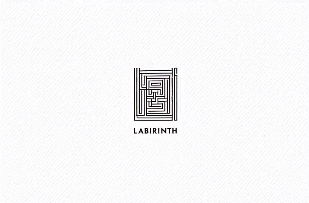  contour, very simple image in one unbroken black ink line, single line of labirinth logo, top view ar 3:2 using a single continuous black line ink brushon white background, drawing should be created without lifting the pen, recognizable features of labirinth logo, top view ar 3:2 in one unbroken line