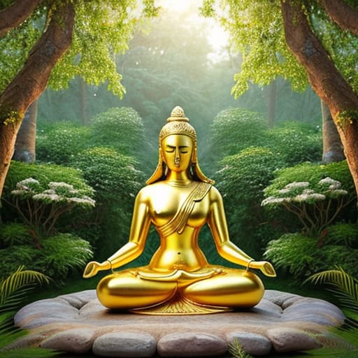  an image of a meditating figure surrounded by a soft, radiant aura, seated in a lush, peaceful garden. surrounding the figure are glowing mantra symbols gently swirling around, representing the transformative energy of the practice. the background is calm, with vibrant greenery and a warm, golden light filtering through the trees, evoking serenity and spiritual awakening. hyperrealistic, full body, detailed clothing, highly detailed, cinematic lighting, stunningly beautiful, intricate, sharp focus, f/1. 8, 85mm, (centered image composition), (professionally color graded), ((bright soft diffused light)), volumetric fog, trending on instagram, trending on tumblr, HDR 4K, 8K