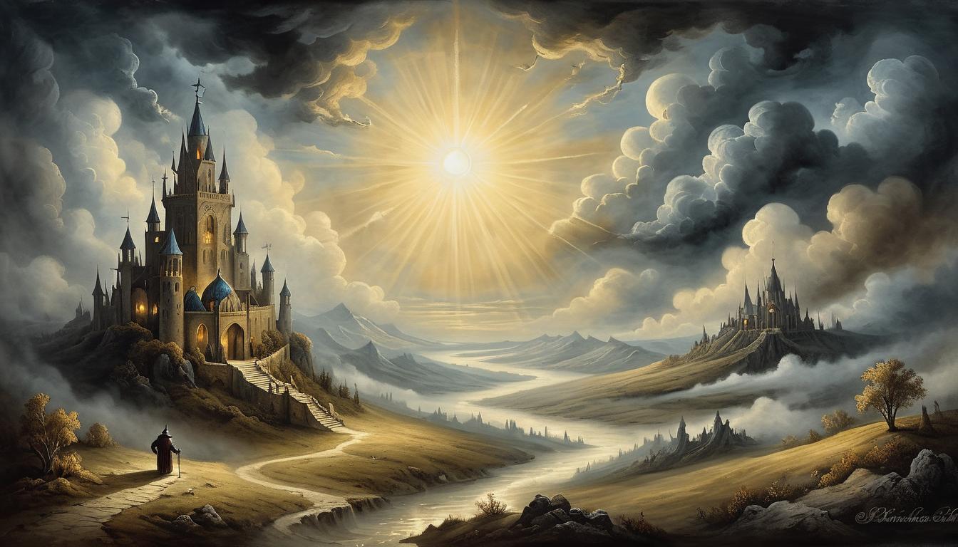  on parchment, surrealism+++, sun breaking through dense clouds, radiant beams illuminating dark landscape, transformative light, revelation, awakening(mysterious, provocative, symbolic,muted color)+++