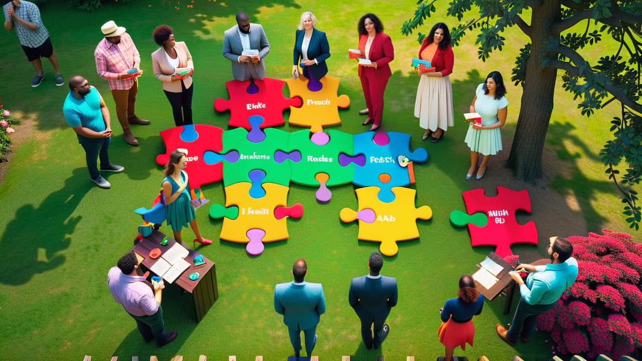  a vibrant gathering of diverse individuals, each holding a unique puzzle, surrounded by colorful jigsaw pieces, brain teasers, and crossword grids, all set in a lively park filled with trees and sunlight. hyperrealistic, full body, detailed clothing, highly detailed, cinematic lighting, stunningly beautiful, intricate, sharp focus, f/1. 8, 85mm, (centered image composition), (professionally color graded), ((bright soft diffused light)), volumetric fog, trending on instagram, trending on tumblr, HDR 4K, 8K