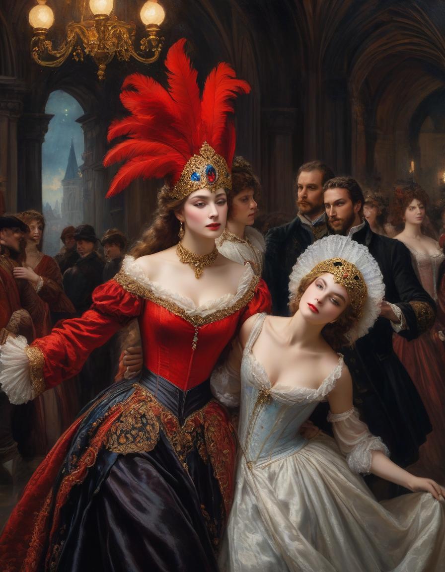  cinematic film still (oil painting: 1.5, masterpiece: 1.7, digital art: 1.4).painting, ((man and woman dancing at a ball dressed in renaissance style: 1.5), (venetian masquerade mask on the face of the woman and the man: 1.6)) (woman in red velvet dress with embroidery). style: dark fantasy, surrealism, atmosphere full of mystery, magic and mysticism. in the manner of claude monet, van gogh, sabbas aptheros, alfonso mucha, carol buck, andrew jones, yutaka kagai, fragonard. high detail. high quality 16k, hdr . shallow depth of field, vignette, highly detailed, high budget, bokeh, cinemascope, moody, epic, gorgeous, film grain, grainy