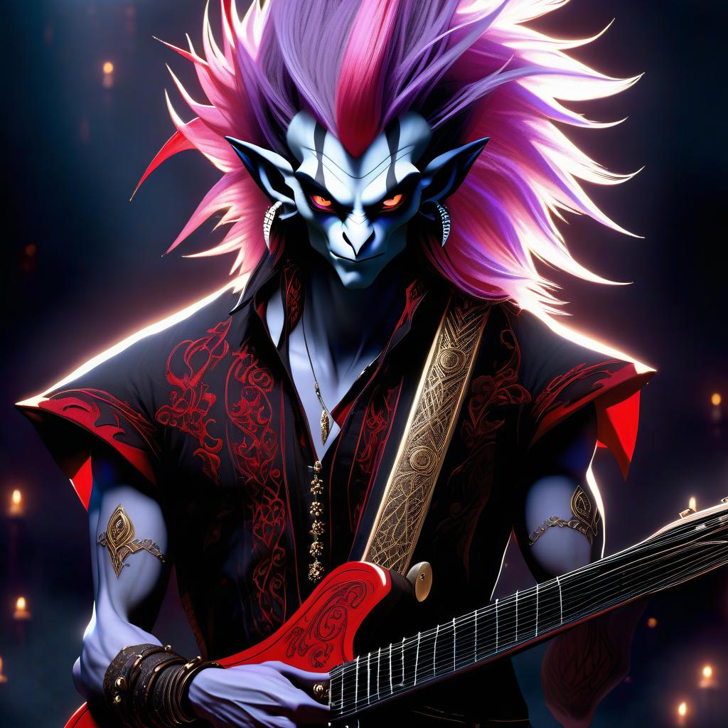  breathtaking a dark elf male rock performer with a guitar in his hands, his face turned straigh marble white skin, purple scarlet hair, lavender eyes with a red tint, dressed in a red violet shirt embroidered with red gold over the shirt wears , hairstyle in the style of hedgehog hair. an earring in the right ear, in the shape of a month. the crescent moon tattoo . award winning, professional, highly detailed hyperrealistic, full body, detailed clothing, highly detailed, cinematic lighting, stunningly beautiful, intricate, sharp focus, f/1. 8, 85mm, (centered image composition), (professionally color graded), ((bright soft diffused light)), volumetric fog, trending on instagram, trending on tumblr, HDR 4K, 8K