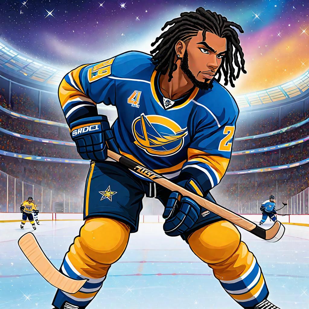  anime art very beautiful african american male hockey player, dreadlocks black hair, sullen eyes, long black lashes, bow shaped lips, flat eyebrows, snub nose shape, scar on right cheek that goes to jaw, bridge nose piercing, hockey player, on ice rink, hockey stick, blue and yellow jersey with stars, full body., award winning, professional, highly detailed, masterpiece