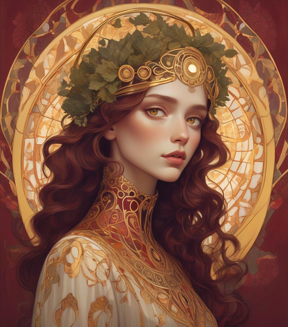  concept art an illustration of a woman with a decorative halo, reminiscent of art nouveau style, featuring intricate patterns and gold accents. beautiful portrait. colors kale, gold, rust, burgundy, black. an illustration of a woman with hazel eyes, a decorative metallic gold halo, reminiscent of art nouveau style, featuring intricate patterns and gilded accents, created in the detailed painting technique reminiscent of the style of gustav klimt's work. . digital artwork, illustrative, painterly, matte painting, highly detailed