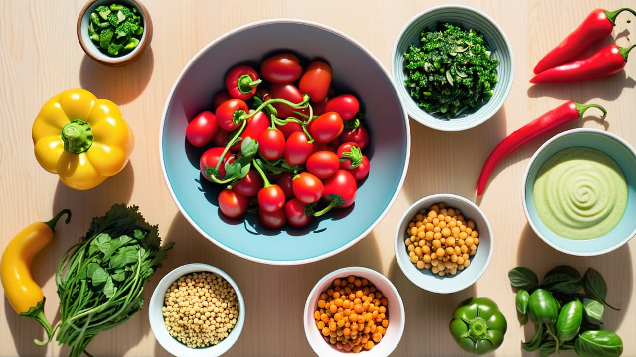  a vibrant kitchen scene featuring colorful ingredients: fresh vegetables like bell peppers, zucchini, and kale, herbs like basil and cilantro, bowls of quinoa and chickpeas, alongside beautifully plated vegan dishes bursting with color and texture. hyperrealistic, full body, detailed clothing, highly detailed, cinematic lighting, stunningly beautiful, intricate, sharp focus, f/1. 8, 85mm, (centered image composition), (professionally color graded), ((bright soft diffused light)), volumetric fog, trending on instagram, trending on tumblr, HDR 4K, 8K