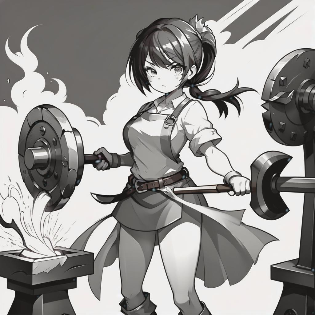  line art drawing blacksmith girl, with hammer, battle stance, same nightmare. anime style . professional, sleek, modern, minimalist, graphic, line art, vector graphics