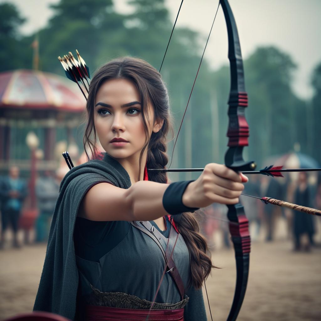  young woman in casual, bloody clothes, with a bow and arrow, at a dreary amusement park, cinematic film style, shallow depth of field, vignette, highly detailed, high budget, bokeh, cinemascope, moody, epic, gorgeous, film grain, grainy