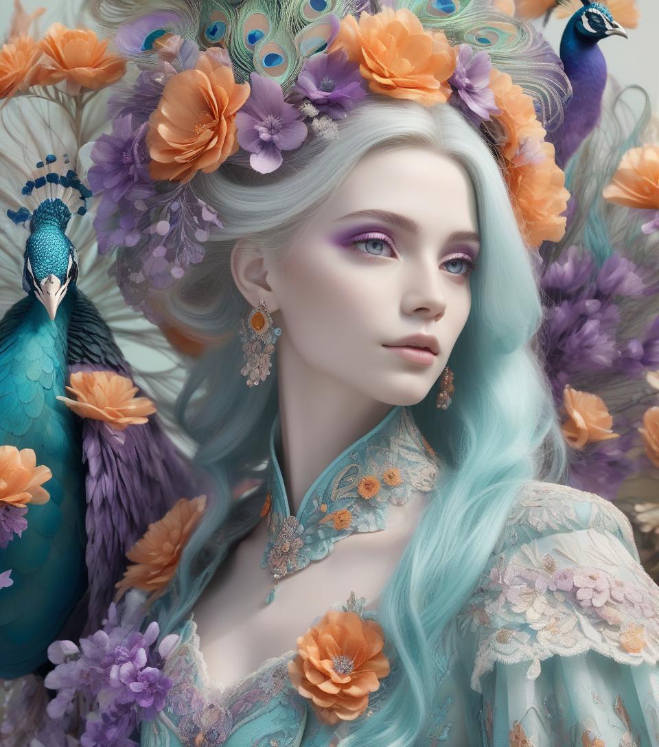  <mymodel>dynamic composition of a pale skinned woman with hair of flowers and peacock plummage of aqua, orange and purplepurple, ornate details,lacey clothes, facial closeup