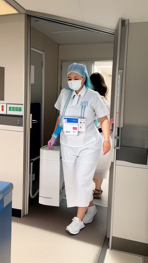  Scene of nurse coming out of hospital room Female