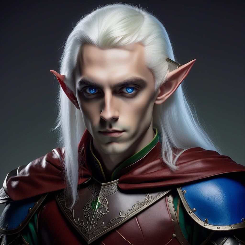  a low half elf, half of the hair is white, and the other half is red, one eye is green, the other blue, dressed in leather armor and a cape