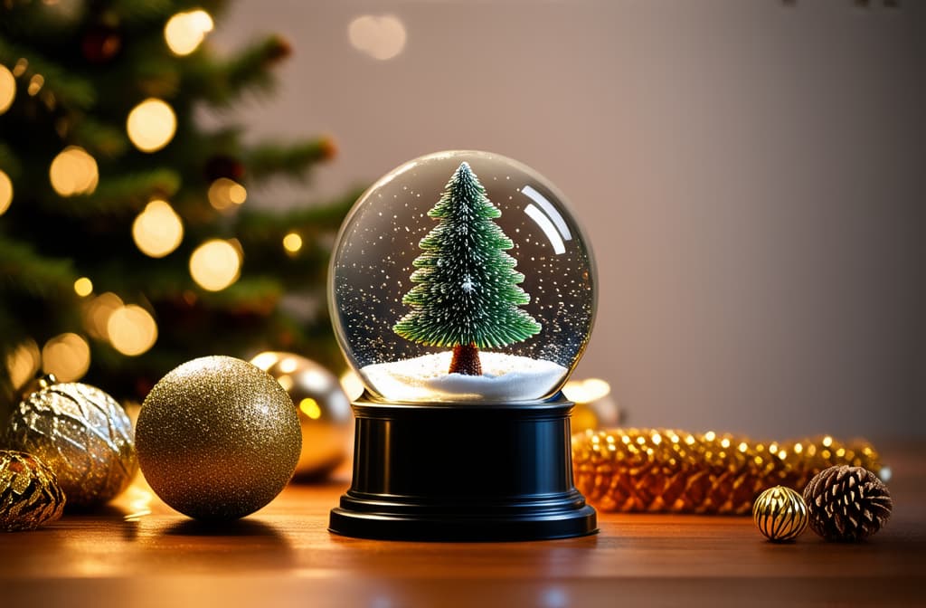  professional detailed photography, christmas snow globe with fir tree and golden decorations on wooden table. holiday background with bokeh lights. holiday decor. flat lay composition with copy space for design and print. ar 3:2, (muted colors, dim colors, soothing tones), (vsco:0.3)