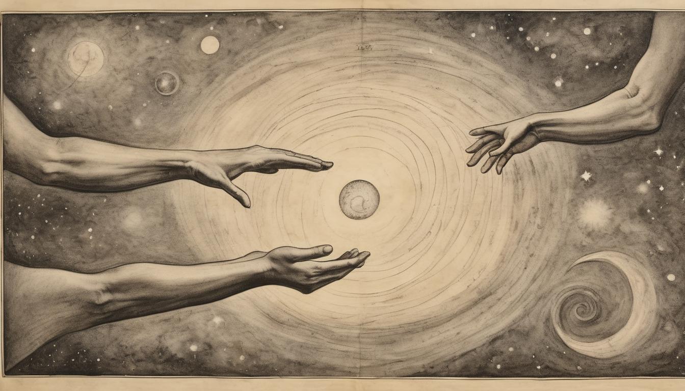  on parchment, surrealism++, spiraling galaxies, ethereal hands guiding figures, cosmic narrative backdrop, divine purpose, cosmic scale, introspection(mysterious, provocative, symbolic)++