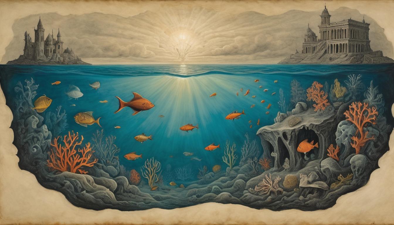  on parchment, surrealism++, a deep, dark ocean with a single ray of light piercing the surface, illuminating hidden fish and coral below, mysterious depths, unseen layers, underwater world(mysterious, provocative, symbolic)++