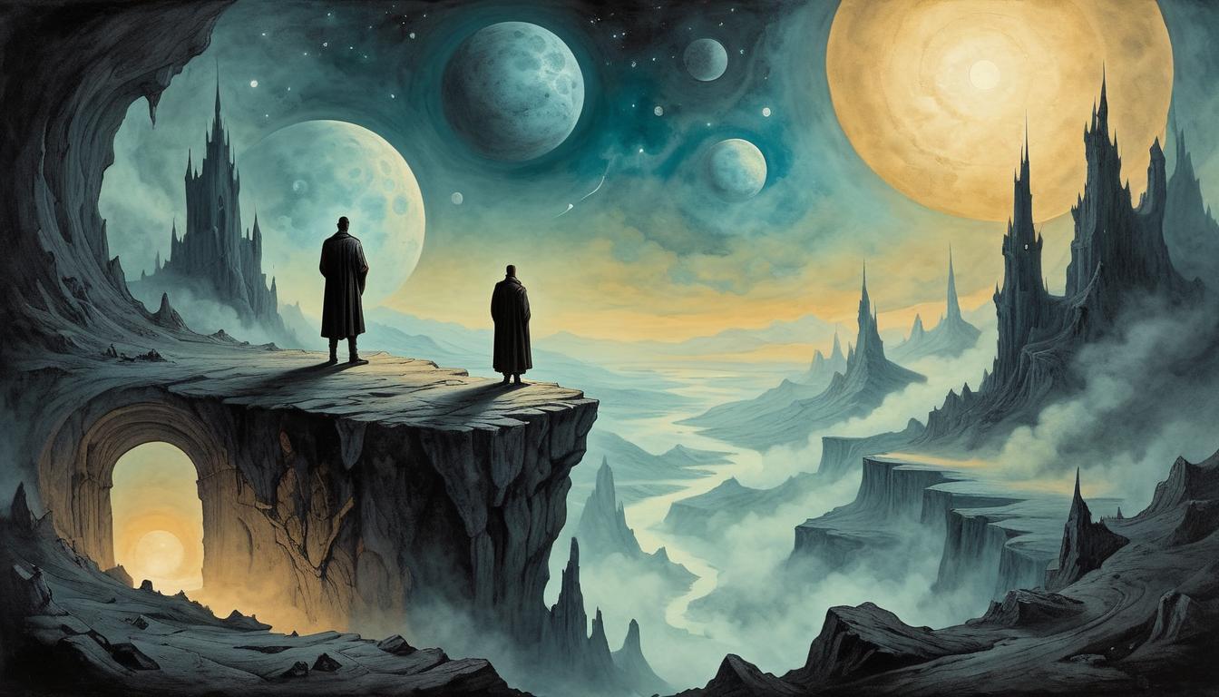  on parchment, surrealism+++, a solitary figure standing at the precipice of a glowing void, contemplative, introspective, cosmic importance(mysterious, provocative, symbolic,muted color)+++