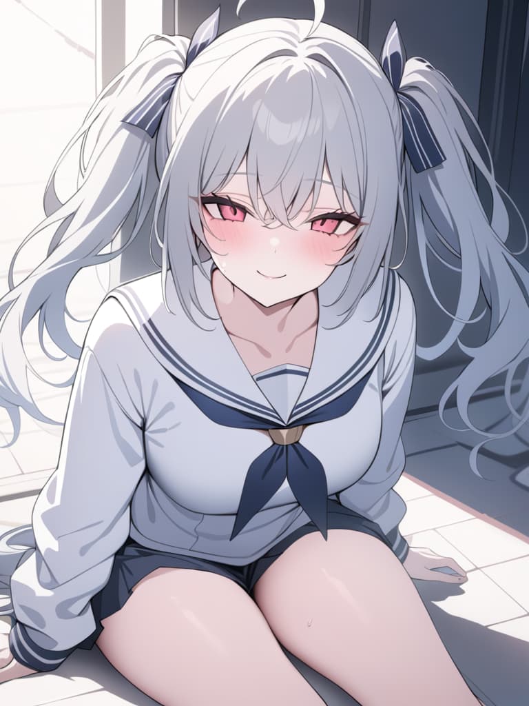  illness, twin tail, sailor suit, menhera, yandere, sitting on the ground, smile, masterpiece, best quality,8k,ultra detailed,high resolution,an extremely delicate and beautiful,hyper detail