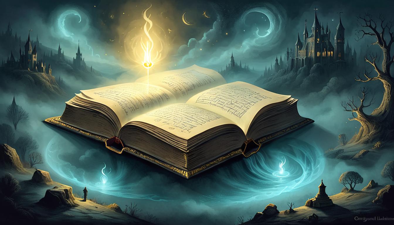  on parchment, surrealism+++, a glowing book emanating light, words shining brightly, floating in a dark, misty environment, clarity and illumination, ethereal(mysterious, provocative, symbolic,muted color)+++