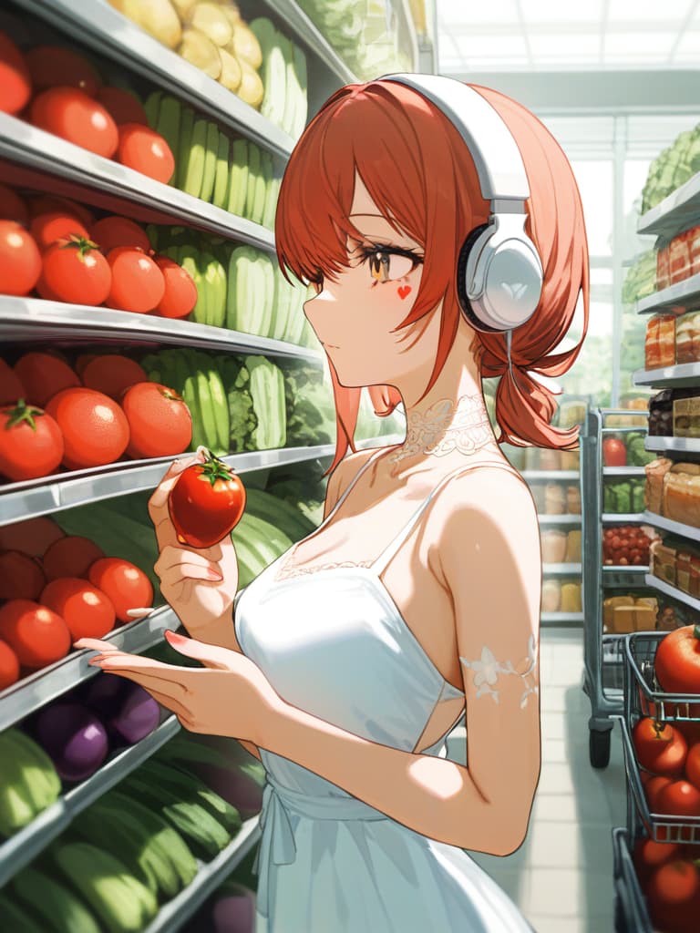  with tomatoes, blond ponytails, white headphones, heart tattoo on their arms, girls wearing white dress dresses, shopping carts, shopping carts, gestures, shopping cart containing eggplant and celery, the upper arm. tattoo, spider web on the neck, headphones, black tattoos, heart shaped tattoos, white headphones, and hand clearly, masterpiece, best quality,8k,ultra detailed,high resolution,an extremely delicate and beautiful,hyper detail