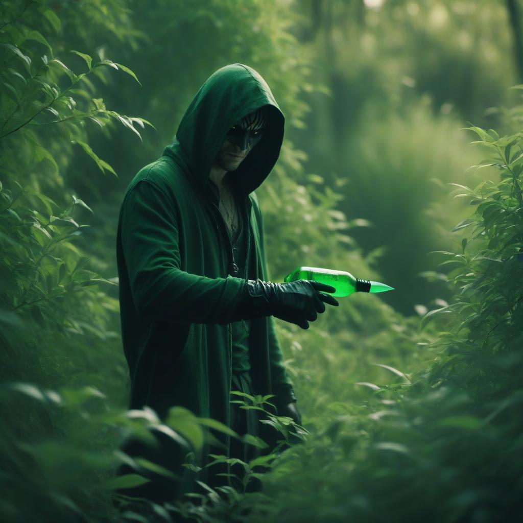  cinematic photo a fantasy sinister assassin standing in the bushes and pouring his dagger from a bottle of green poison . 35mm photograph, film, bokeh, professional, 4k, highly detailed