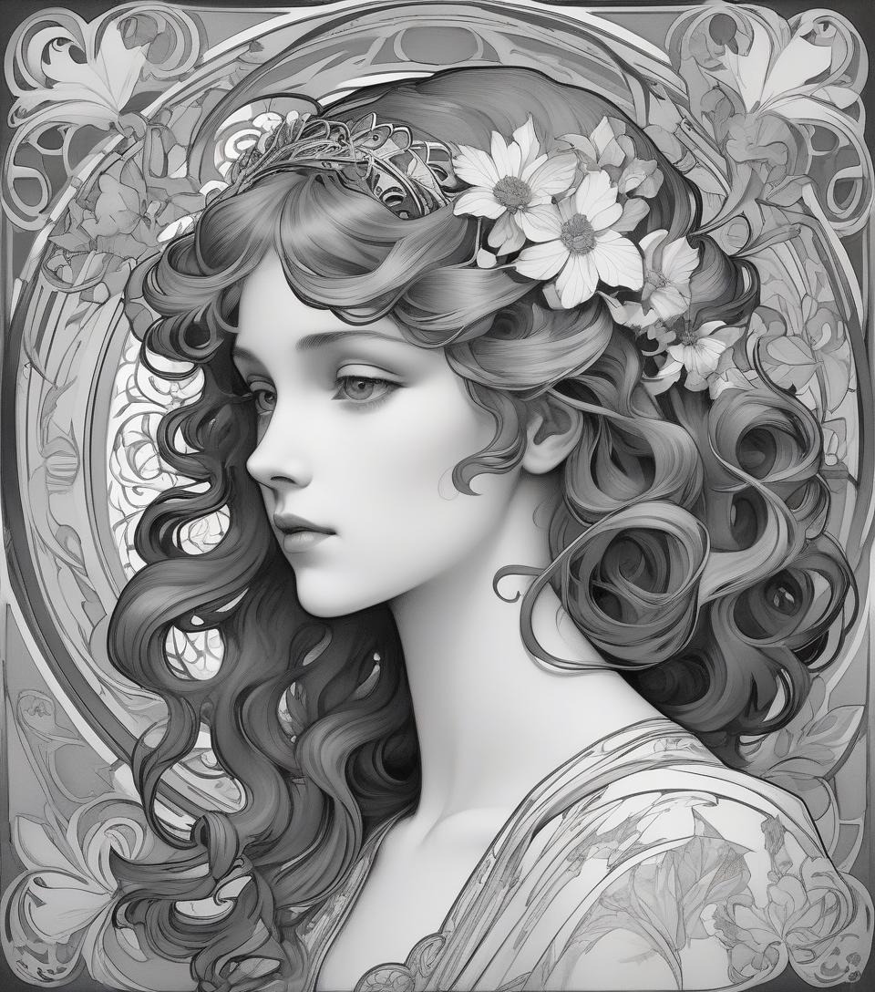  exquisite, filigree, charming female portrait:: black and white graphics, gray gradation, head and shoulders :: secession, art nouveau :: complex floral ornament in the style of alphonse mucha, william morris :: ferdinand knab ::: alphonse fly:: gustave klimt::: gustave dore :::: wlop:::: modern::: modern:::: modern european ink painting:: pre raphaelite beautiful:: complex:::::::: over detailed:::::::