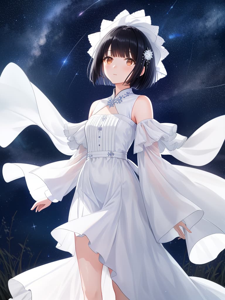  ozora, perfect starry sky, white long dress wear, girl looking up at the starry sky, black hair short bob hairstyle, midnight, masterpiece, best quality,8k,ultra detailed,high resolution,an extremely delicate and beautiful,hyper detail